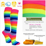 Neon rainbow striped knee socks with size and material details