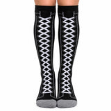 Black lace-up print socks with white laces