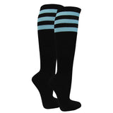 Black knee-high socks with three sky blue stripes