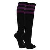Black knee-high socks with purple striped cuff