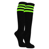 Black knee-high socks with three neon green stripes