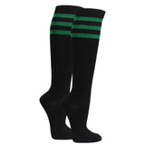 Black knee-high socks with three glittery green stripes