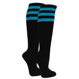 Black knee-high socks with three turquoise stripes