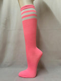 Neon pink knee-high sock with three white stripes