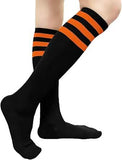 Black knee-high socks with three bright orange stripes