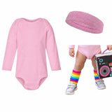 Pink bodysuit, pink headband and rainbow knee socks styled with gray sneakers
