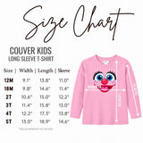 Pink long-sleeve tee with face graphic and kids size chart