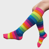 Rainbow striped knee socks with ribbed cuff