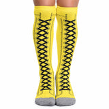 Yellow knee-high socks with black lace-up print