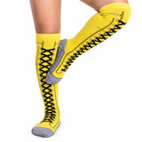 Yellow lace-up print socks with gray toe and heel