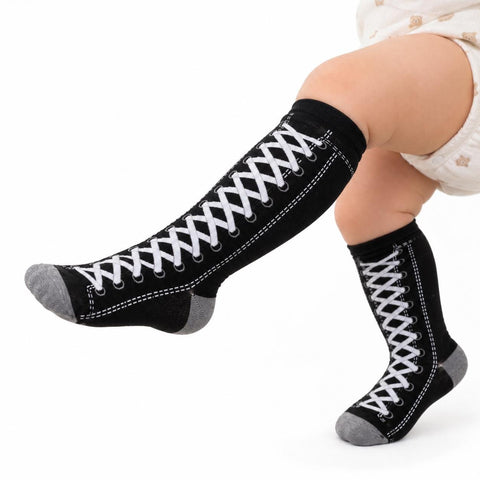 Black knee-high socks with white lace-up boot print