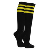 Black knee-high socks with three bright yellow stripes