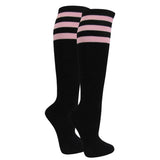 Black knee-high socks with three light pink stripes