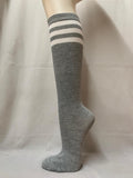 Light gray knee-high sock with three white stripes