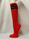 Red knee-high sock with three black stripes