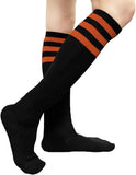 Black knee-high socks with three dark orange stripes