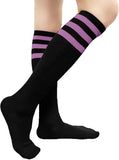 Black knee-high socks with lavender striped cuff