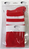 Red knee-high socks with white stripes in retail packaging