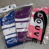 Blue, purple and pink striped knee-high socks in packaging