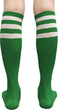 Green knee-high socks with white stripes worn on legs