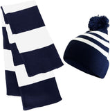 Navy and white striped pom pom beanie and knit scarf set