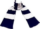 Navy and white striped pom pom beanie and knit scarf set