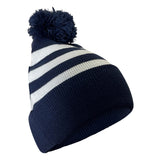 Navy and white striped pom pom beanie and knit scarf set