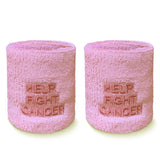 Pair of light pink wristbands embroidered with HELP FIGHT CANCER