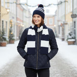 Navy and white striped pom pom beanie and knit scarf set