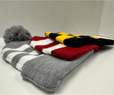 Navy and white striped pom pom beanie and knit scarf set