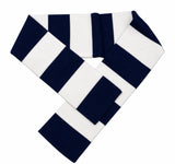 Navy and white striped pom pom beanie and knit scarf set