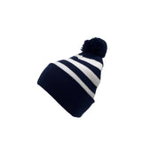 Navy and white striped pom pom beanie and knit scarf set