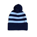 Navy and white striped pom pom beanie and knit scarf set