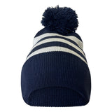 Navy and white striped pom pom beanie and knit scarf set