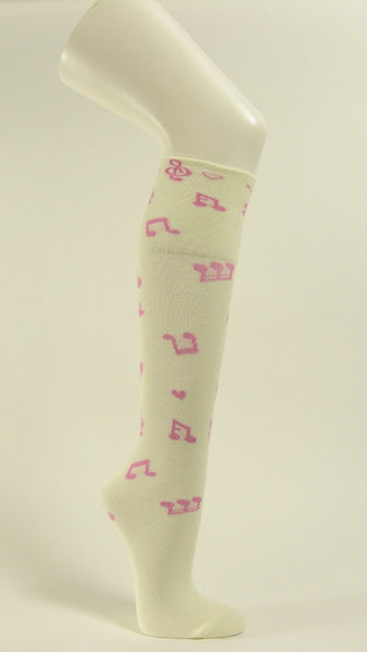 Cream white under knee socks with light pink music notes no heel