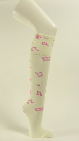 Cream white under knee socks with light pink music notes no heel