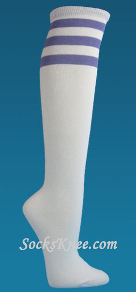White and Lavender Quality striped knee high socks for women