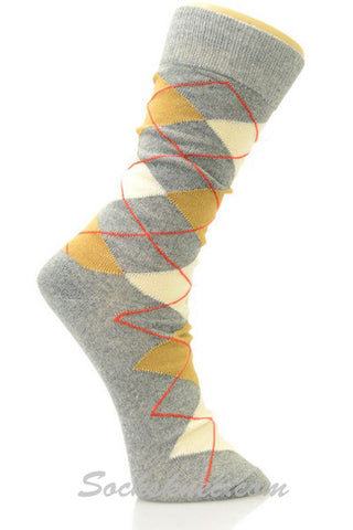 Light-gray Mustard White Argyle Cotton Mid-Calf Dress socks