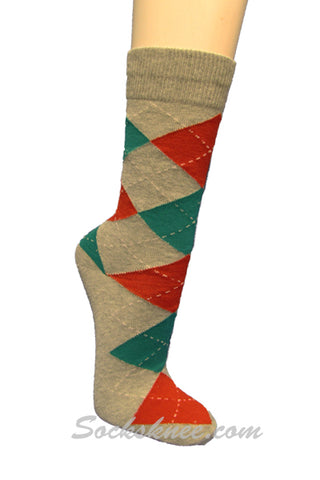 Light Gray Red Teal Argyle Mens Cotton Mid-Calf Dress socks