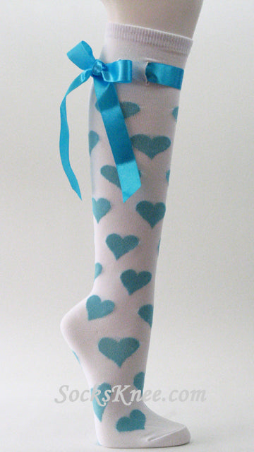 Sky Blue Ribbons and Heart on White Knee Socks for Women