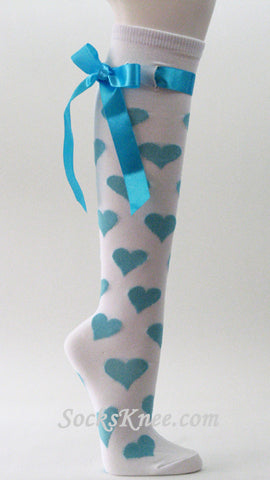 Sky Blue Ribbons and Heart on White Knee Socks for Women
