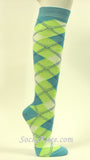 Light Blue Light Lime Green Argyle High Knee Socks for Women