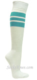 White cotton knee socks with Sky / Light Blue stripes for sport