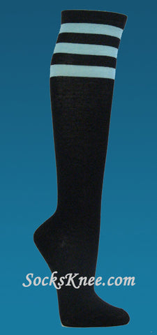 Black with Light Blue 3line Striped Womens Knee Socks