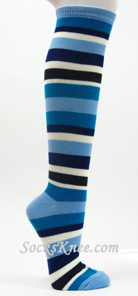 Light Blue Turquoise White Navy etc.. Striped High Socks, Thick
