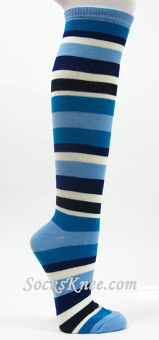 Light Blue Turquoise White Navy etc.. Striped High Socks, Thick