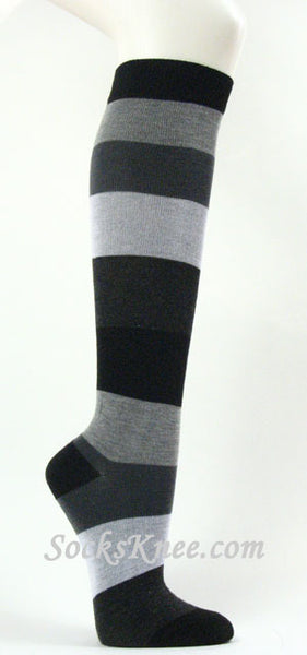 Black Dark Grey Light Gray Wider Striped Knee high socks