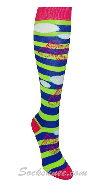 Lime Green Blue Striped Women Fish Knee High Socks