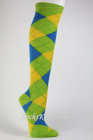 Lime Green Bright Blue Yellow Argyle Knee Sock