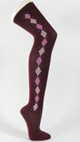 Maroon over knee argyle socks along the side